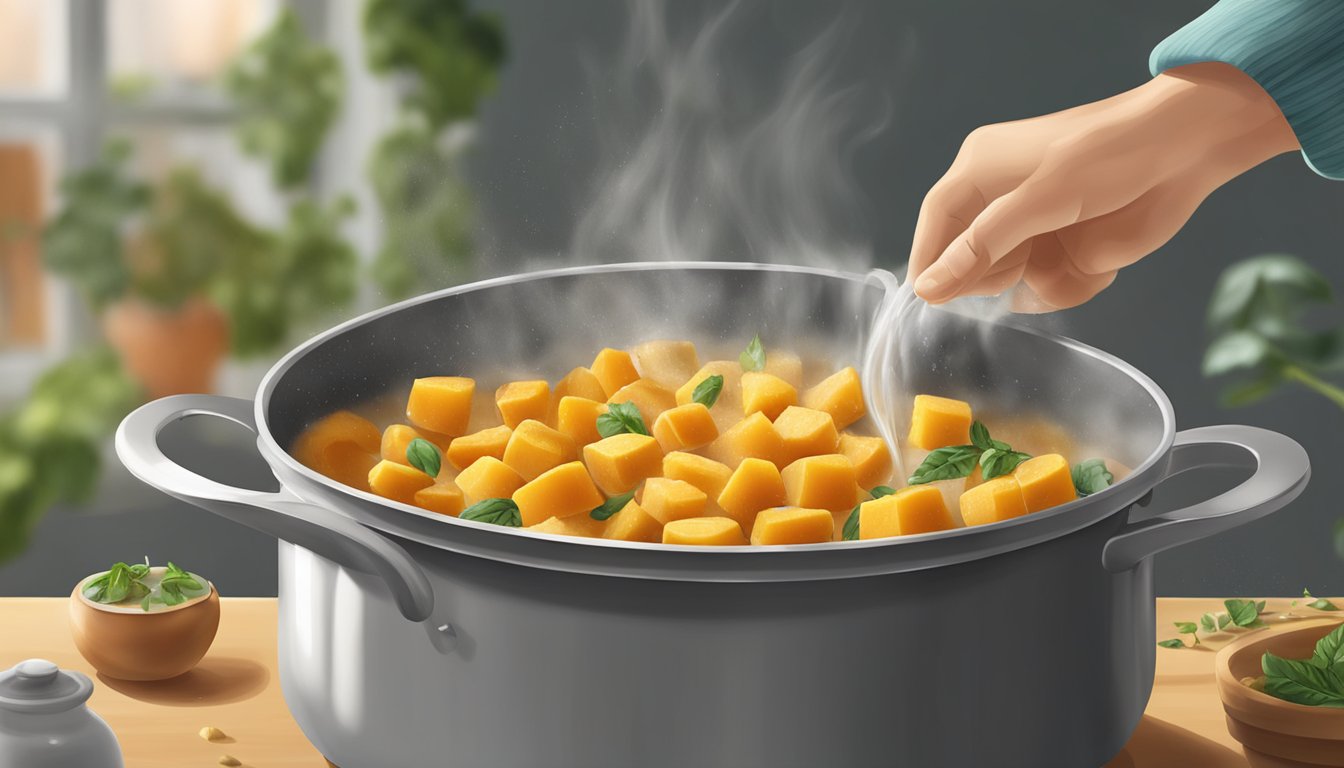 A pot of boiling water with butternut squash gnocchi being dropped in