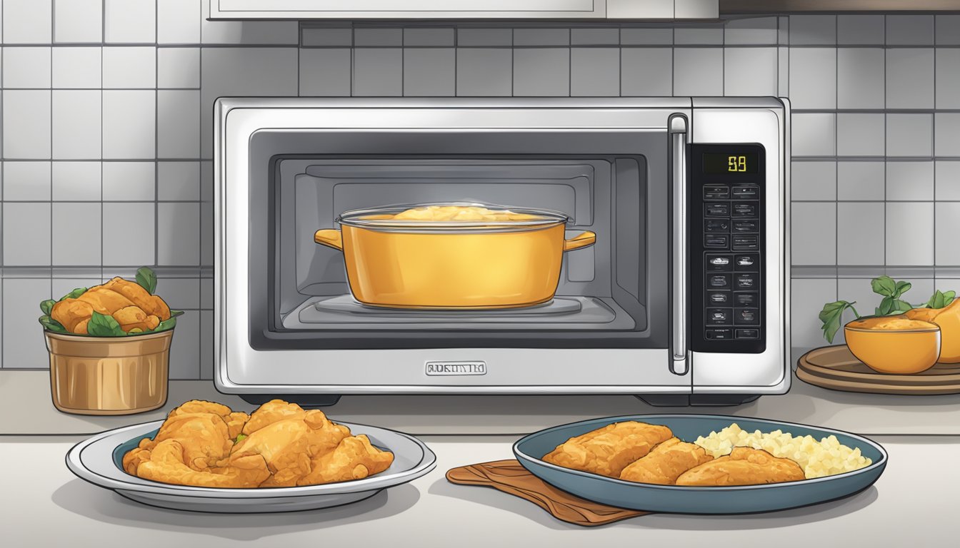 A microwave with a plate of butter chicken inside, a microwave-safe cover, and a pair of oven mitts nearby