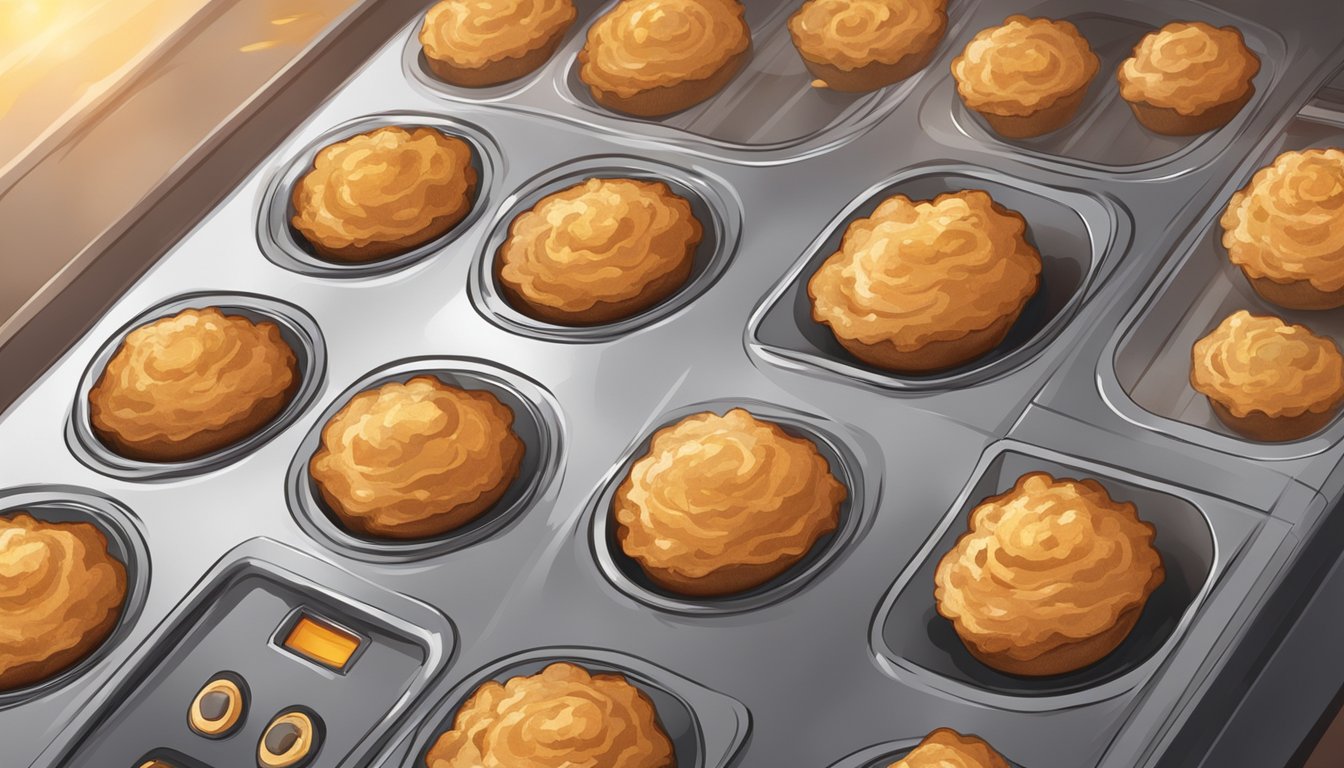 Carrot cake muffins being reheated in a toaster oven, emitting a warm, sweet aroma as the golden crust begins to crisp