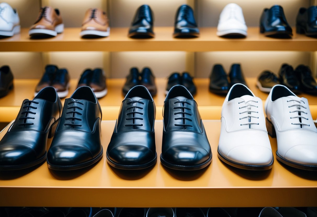 A collection of shoes in three essential colors: black, white, and tan, neatly arranged on a display shelf