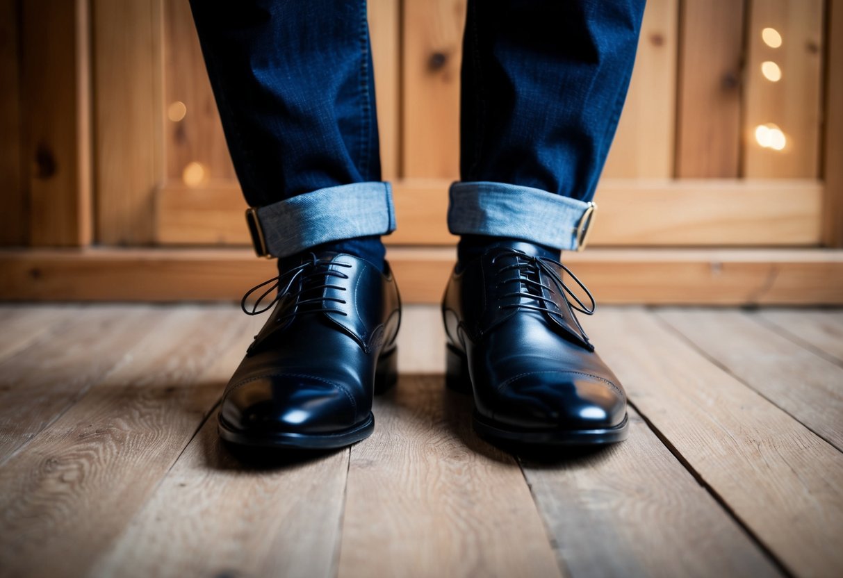 A pair of formal shoes paired with neatly cuffed jeans on a wooden floor