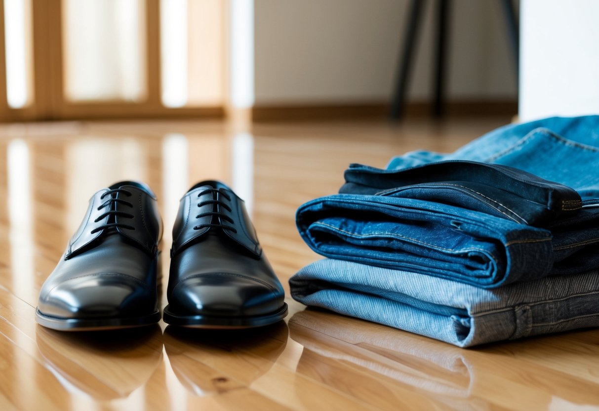 A pair of formal shoes next to a neatly folded pair of jeans, placed on a clean, polished wooden floor