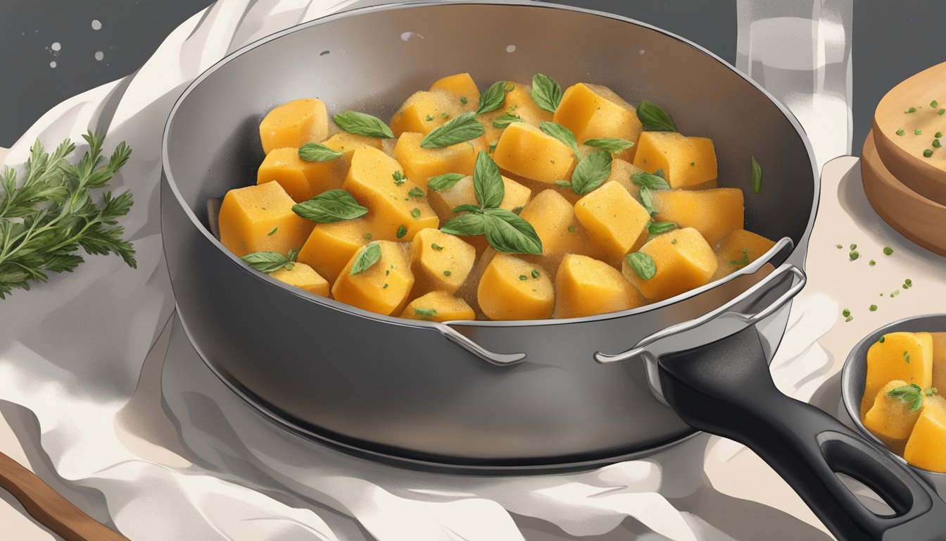 A steaming bowl of butternut squash gnocchi being reheated in a skillet, with a sprinkle of fresh herbs and a drizzle of olive oil