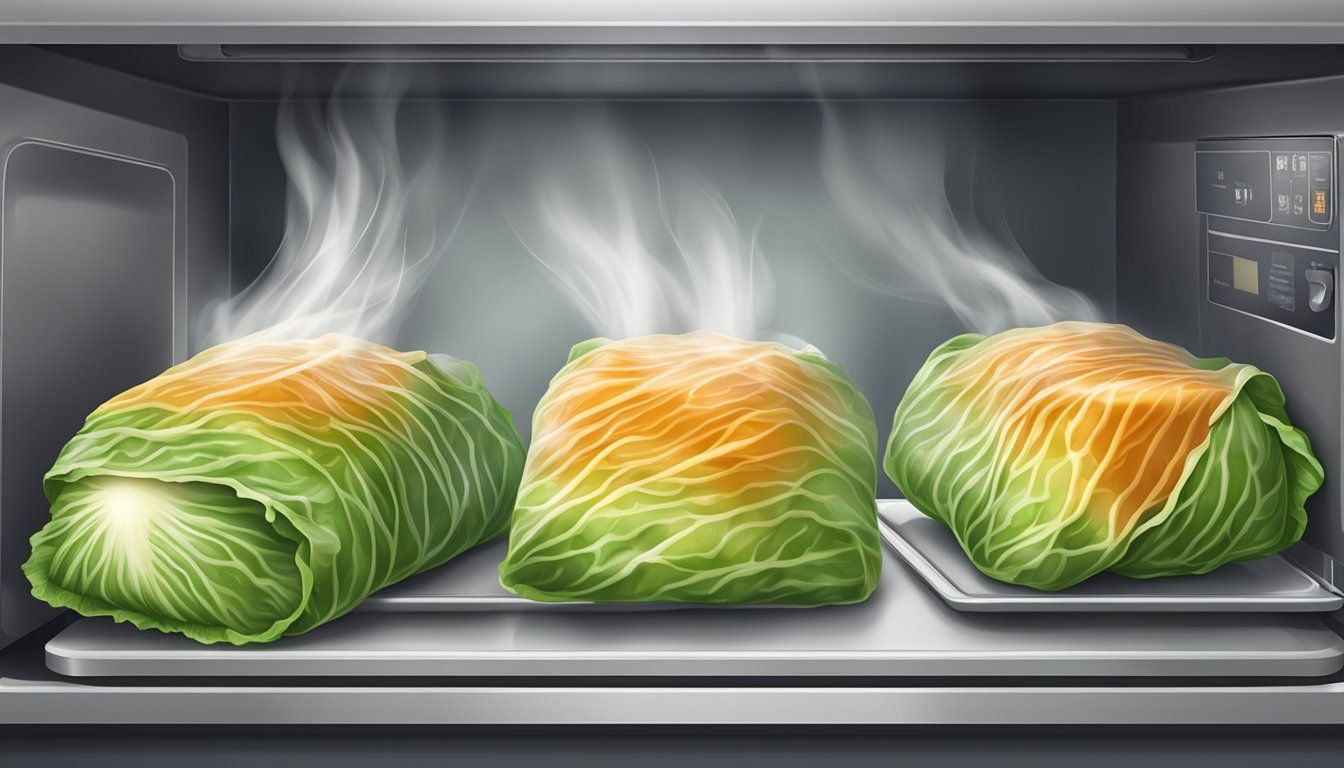 Cabbage rolls being reheated in a microwave or oven, steam rising from the hot food