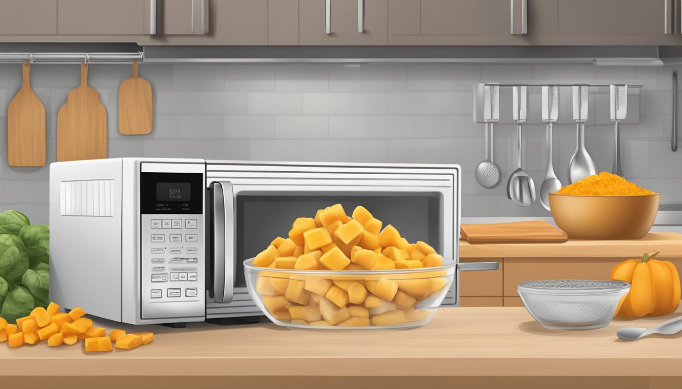 A kitchen counter with a microwave, a container of reheated butternut squash gnocchi, and a label with safety and storage tips