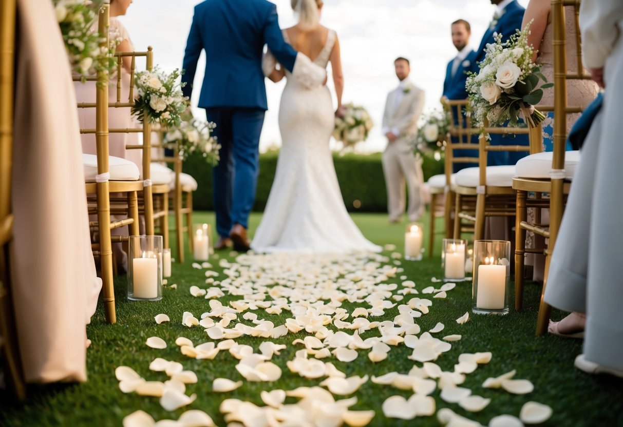 A path of flower petals leading from the bride to the groom