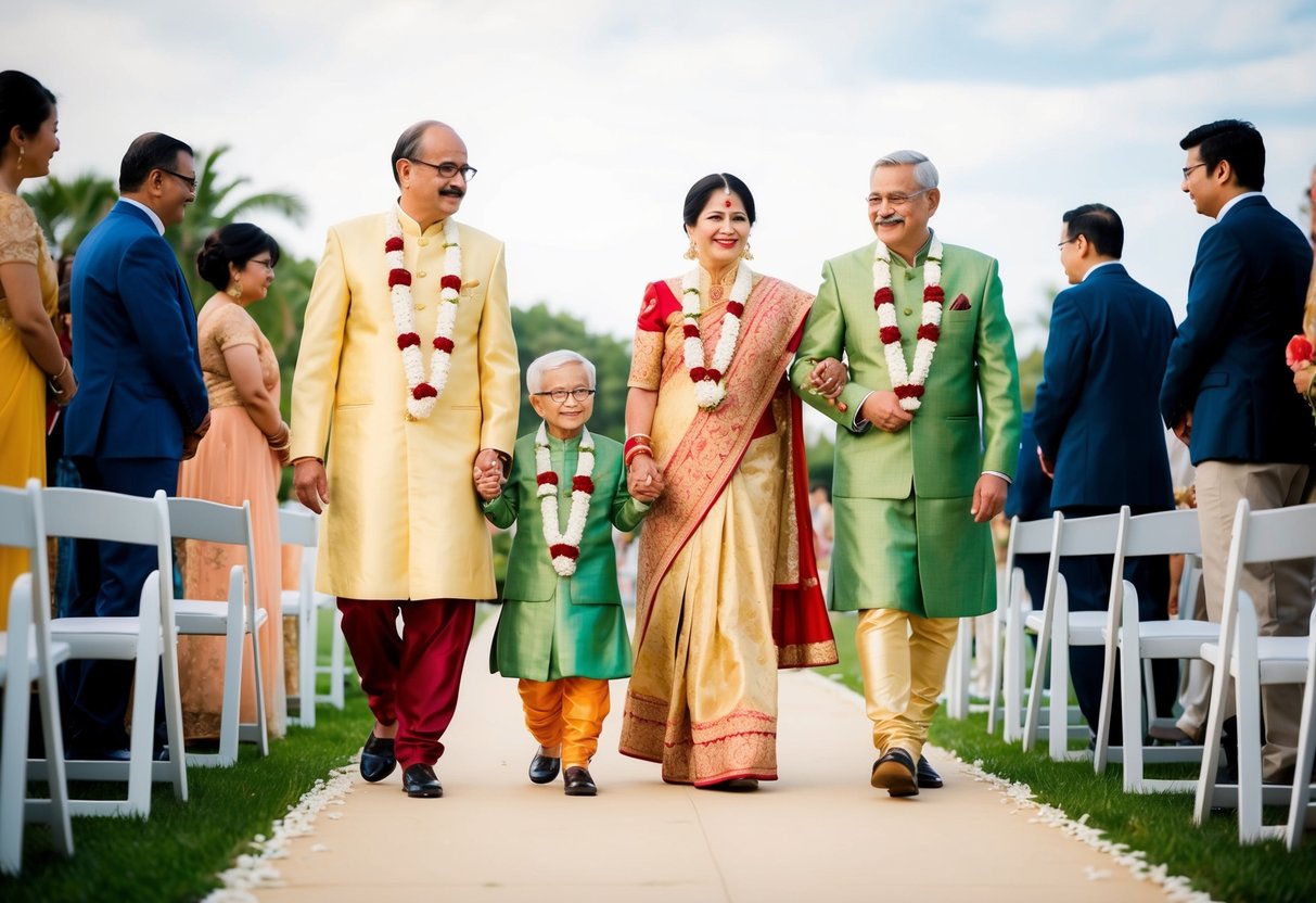 A family of three generations walking together in a traditional wedding processional, symbolizing the support and guidance of family in the bride's journey to the groom