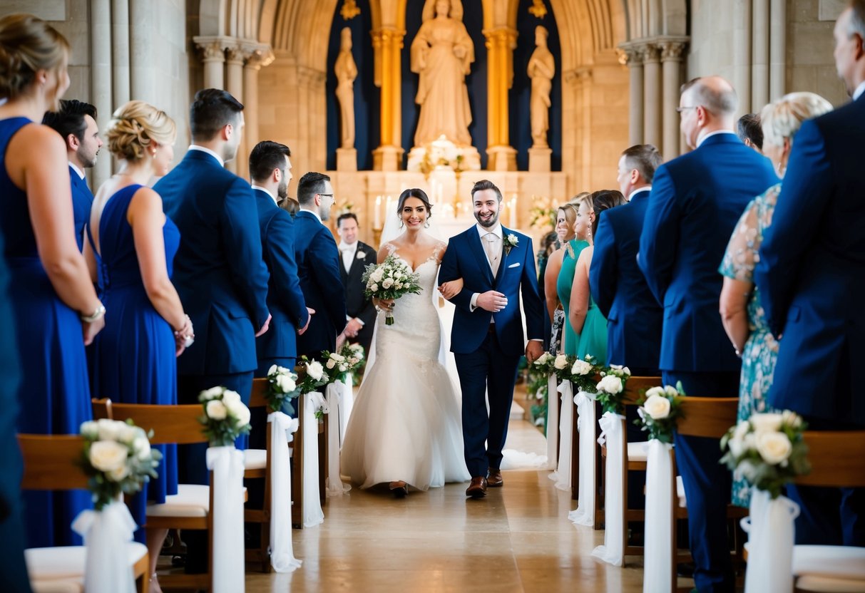The wedding party enters in a line, leading to the bride and groom at the altar