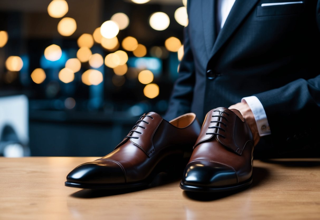 A black suit with a pair of sleek, brown leather shoes placed next to it