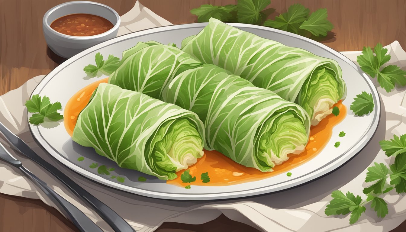 A plate of cabbage rolls surrounded by steam, with a side of sauce and a garnish of fresh herbs