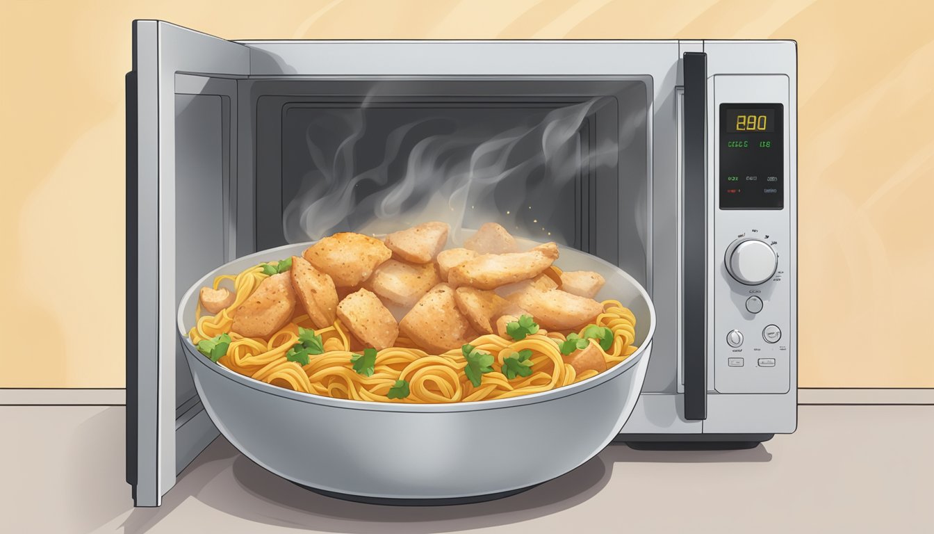 A steaming bowl of Cajun chicken pasta being reheated in a microwave