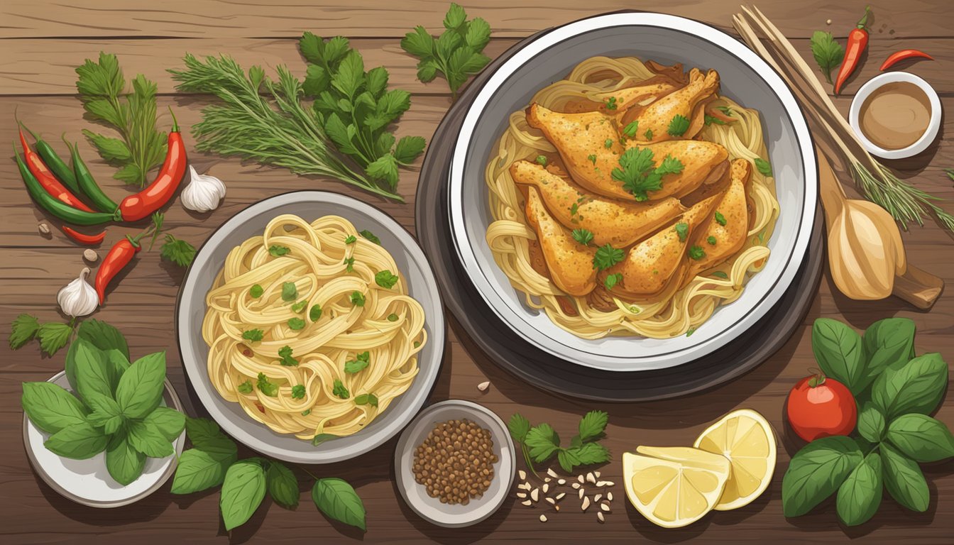 A steaming bowl of cajun chicken pasta sits on a rustic wooden table, surrounded by fresh herbs, garlic, and spices