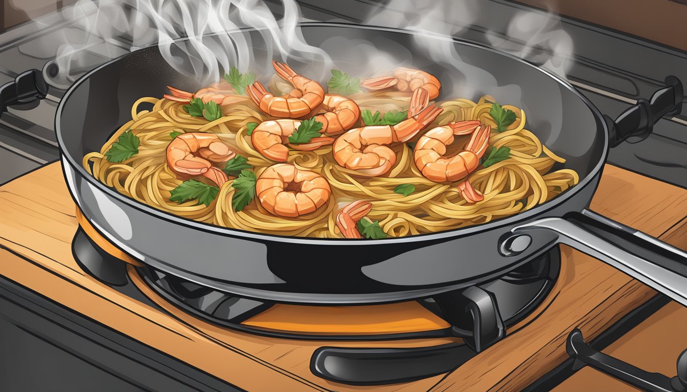 A steaming bowl of cajun shrimp pasta being gently heated in a skillet over a stovetop, with the aroma of spices filling the kitchen