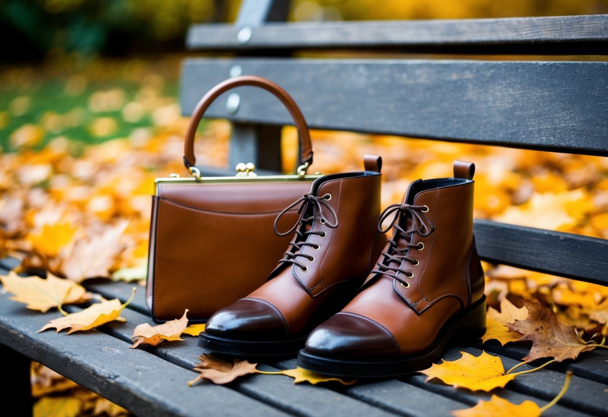 A pair of brown leather shoes and a matching handbag sit next to each other on a wooden bench, surrounded by fallen autumn leaves