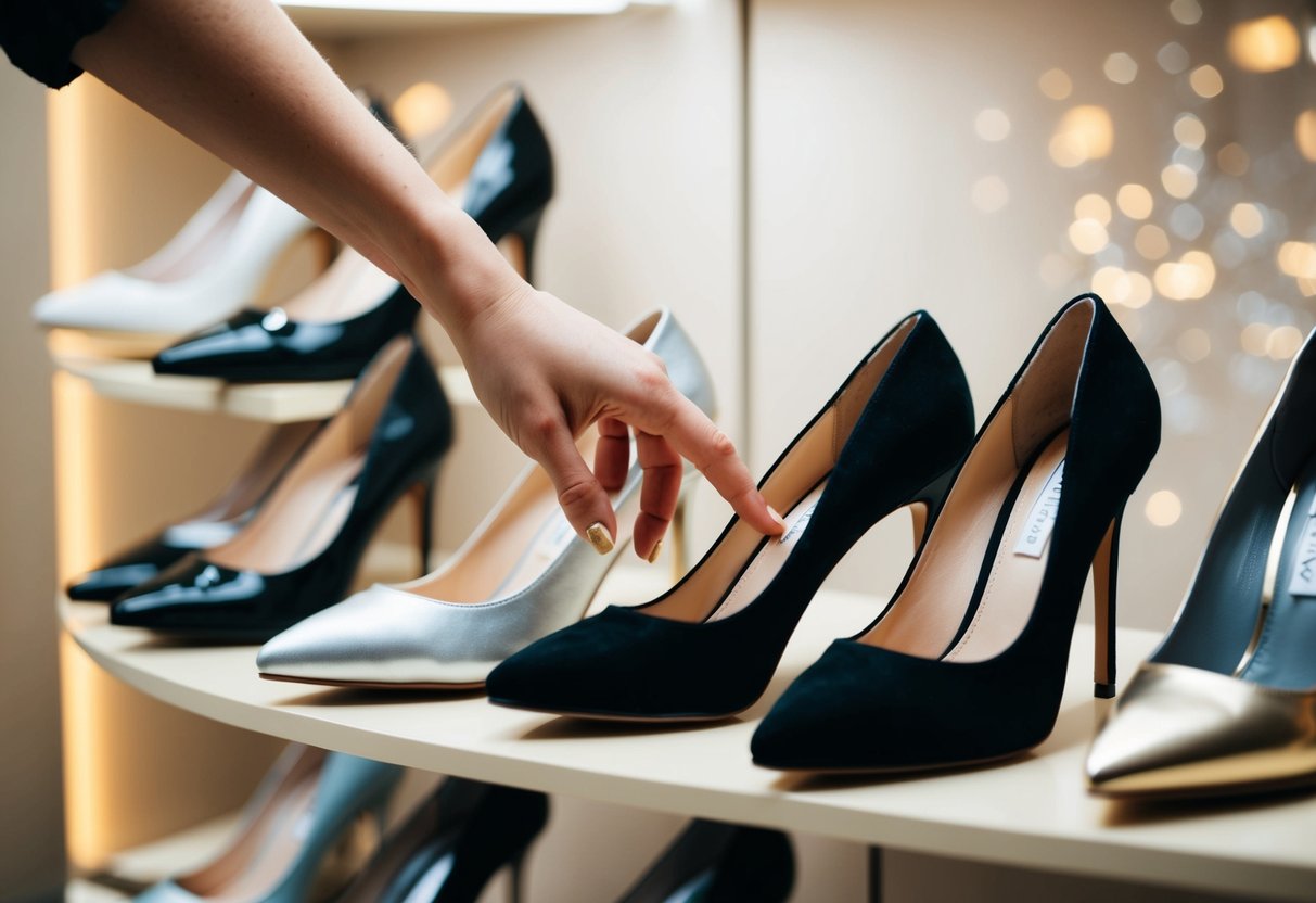 A hand reaching for a pair of elegant high heels on a display shelf, surrounded by other shoe options