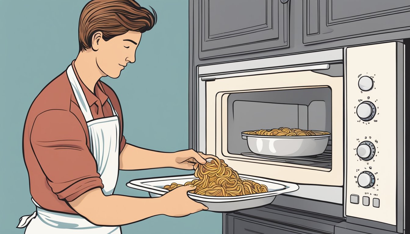 A person using oven mitts to remove a steaming dish of cajun chicken pasta from the microwave