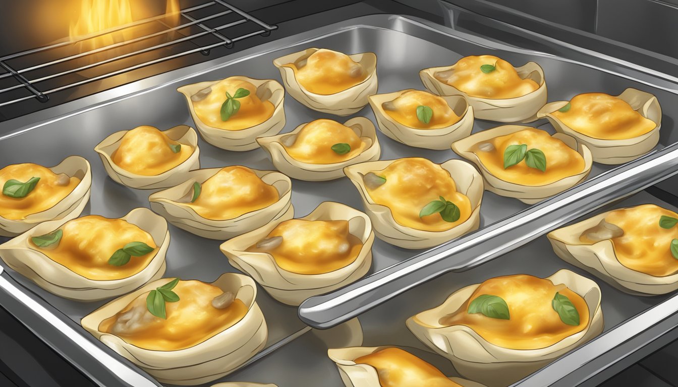 A tray of cheese stuffed shells being reheated in the oven