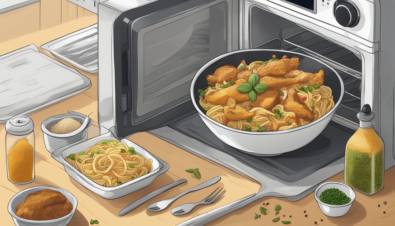 A steaming bowl of cajun chicken pasta being reheated in a microwave, with a fork beside it and various spices and herbs scattered around the kitchen counter