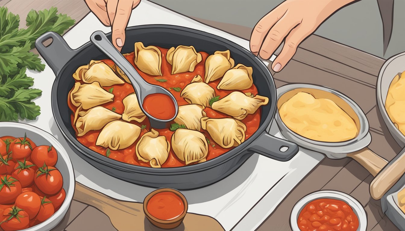 A pair of hands placing cheese stuffed shells onto a baking dish, surrounded by a pot of marinara sauce and a preheated oven