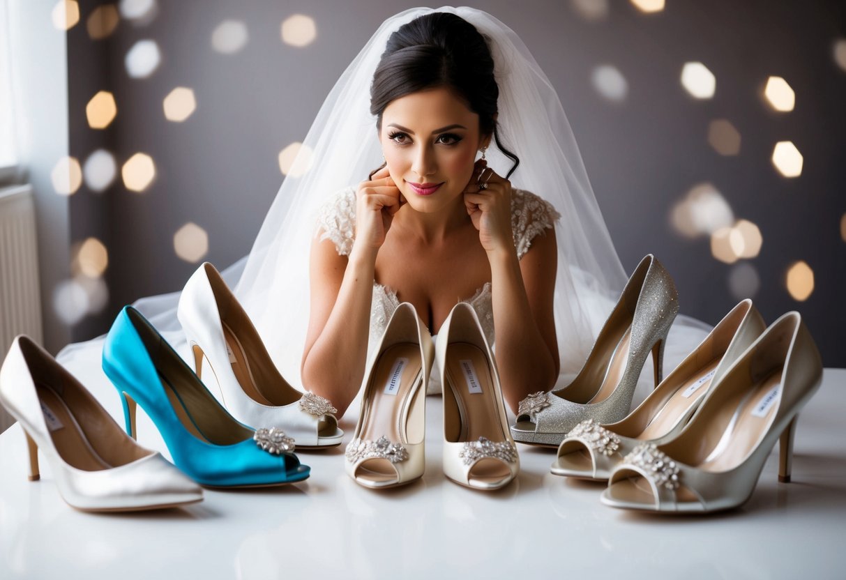 A bride surrounded by various styles of wedding heels, carefully examining each one, with a thoughtful expression on her face