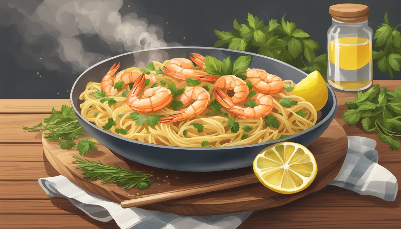 A steaming bowl of cajun shrimp pasta sits on a rustic wooden table, surrounded by fresh herbs, red pepper flakes, and a wedge of lemon