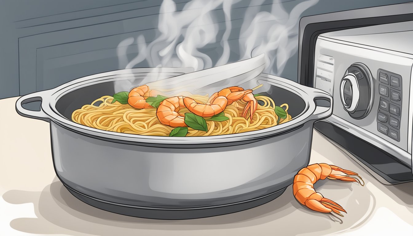 A steaming bowl of cajun shrimp pasta being reheated in a microwave, with a container of long-term storage solutions in the background