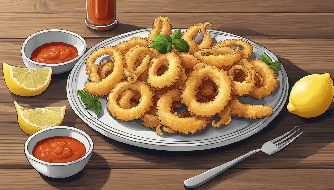 A plate of golden calamari fritti sits on a wooden table, surrounded by lemon wedges and a small bowl of marinara sauce