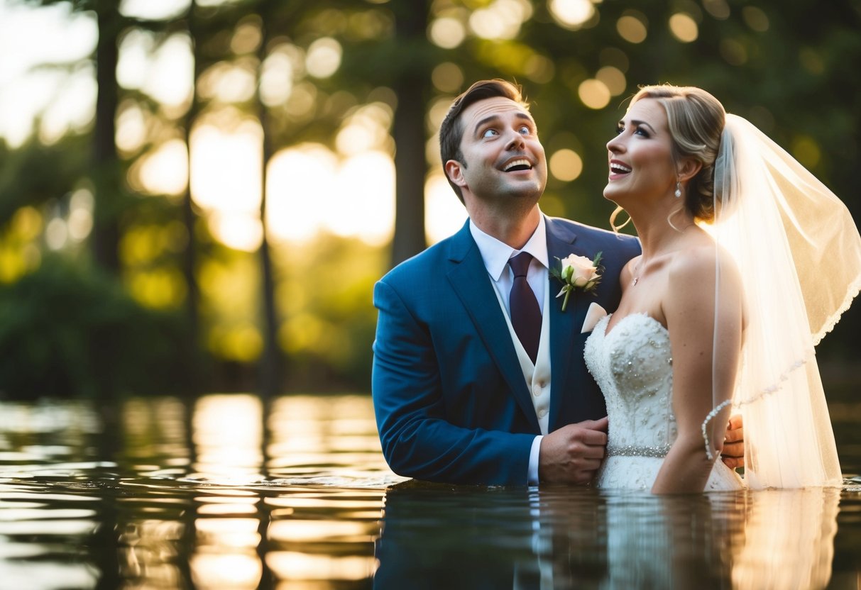 The groom's eyes widen in awe as he catches sight of the radiant bride, standing in a pool of soft, golden light
