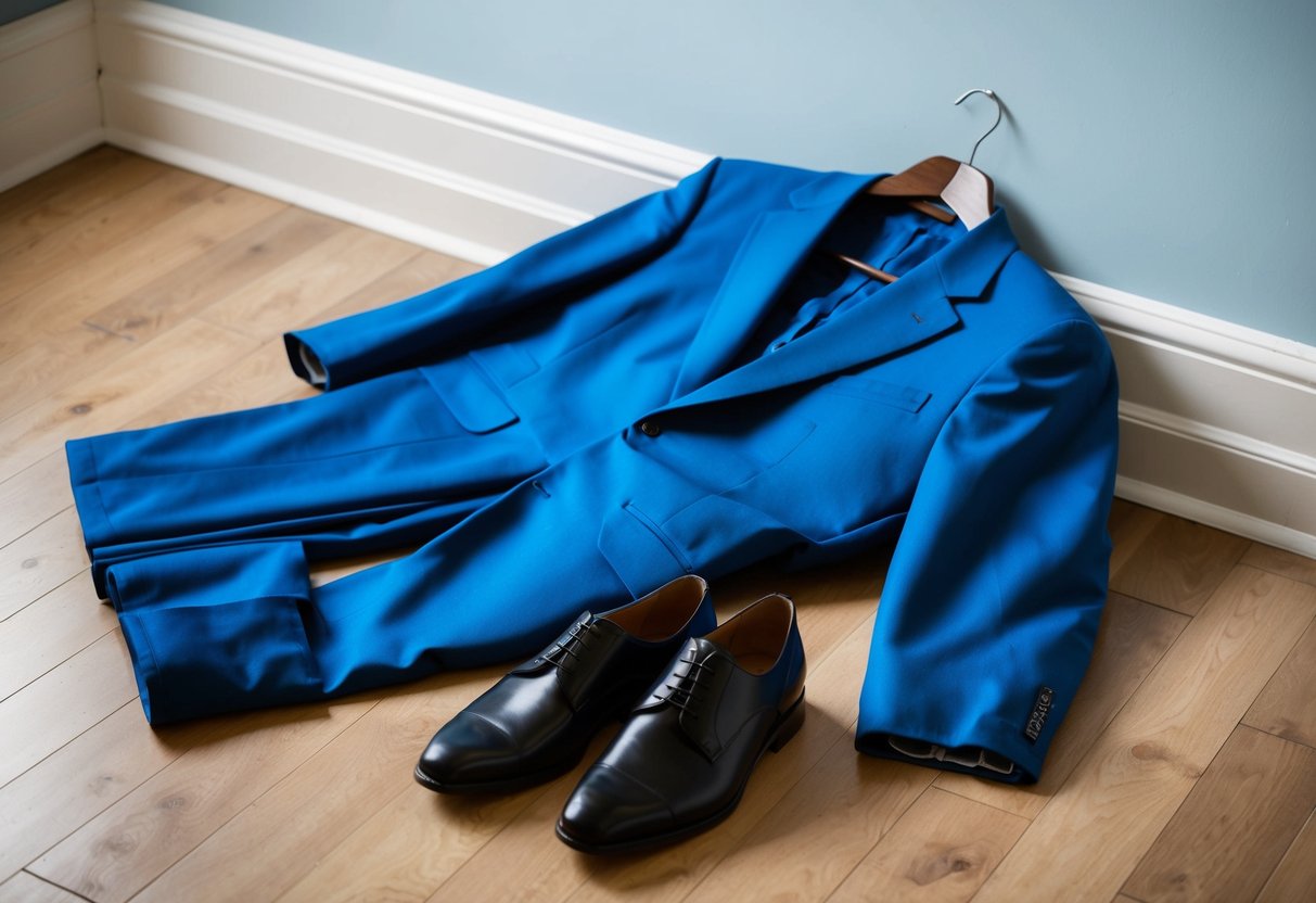A blue suit jacket and pants lie on a hanger, with a pair of black shoes placed neatly on the floor next to them