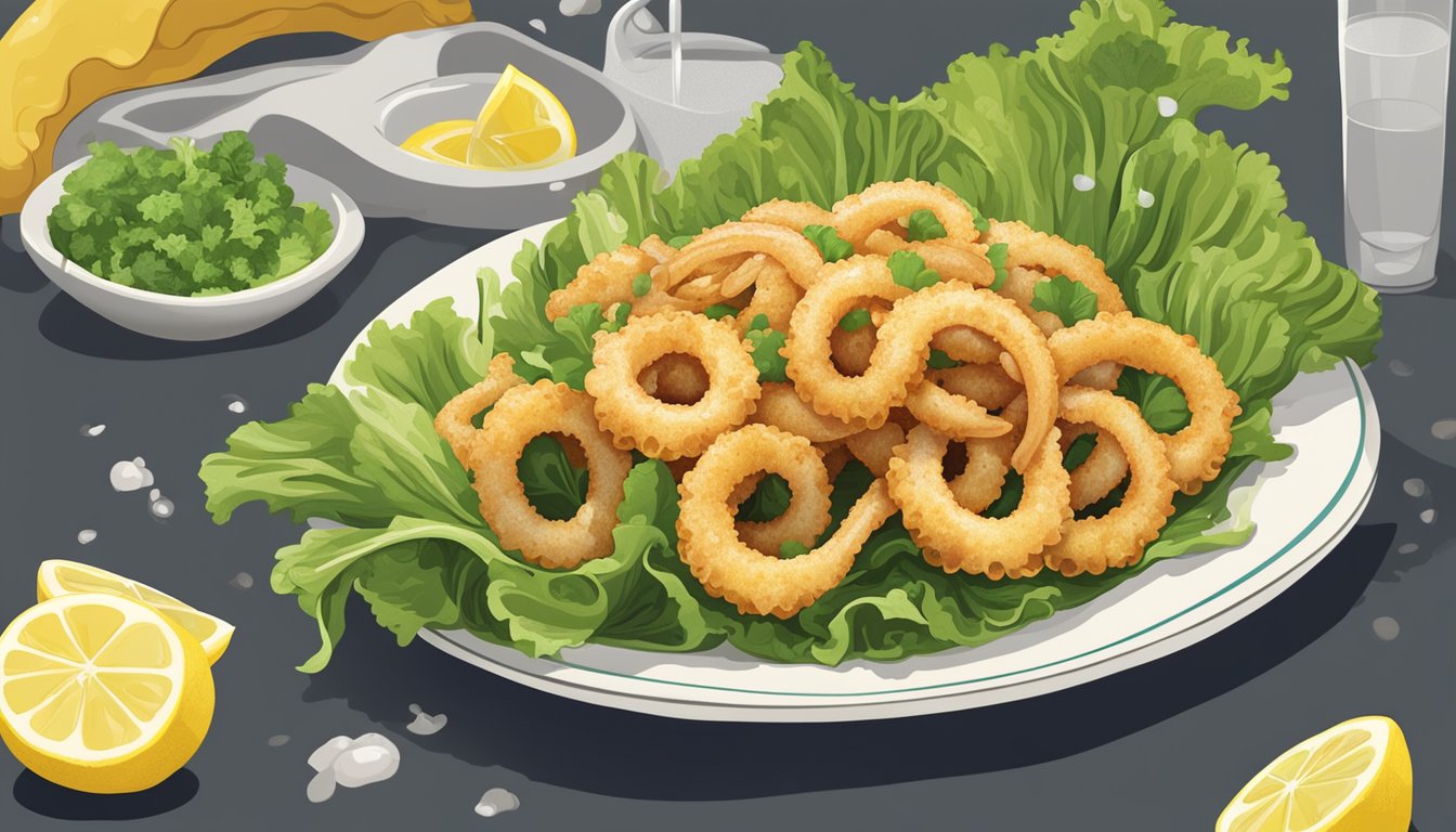 A plate of reheated calamari fritti sits on a bed of fresh lettuce, garnished with lemon wedges and a sprinkle of parsley