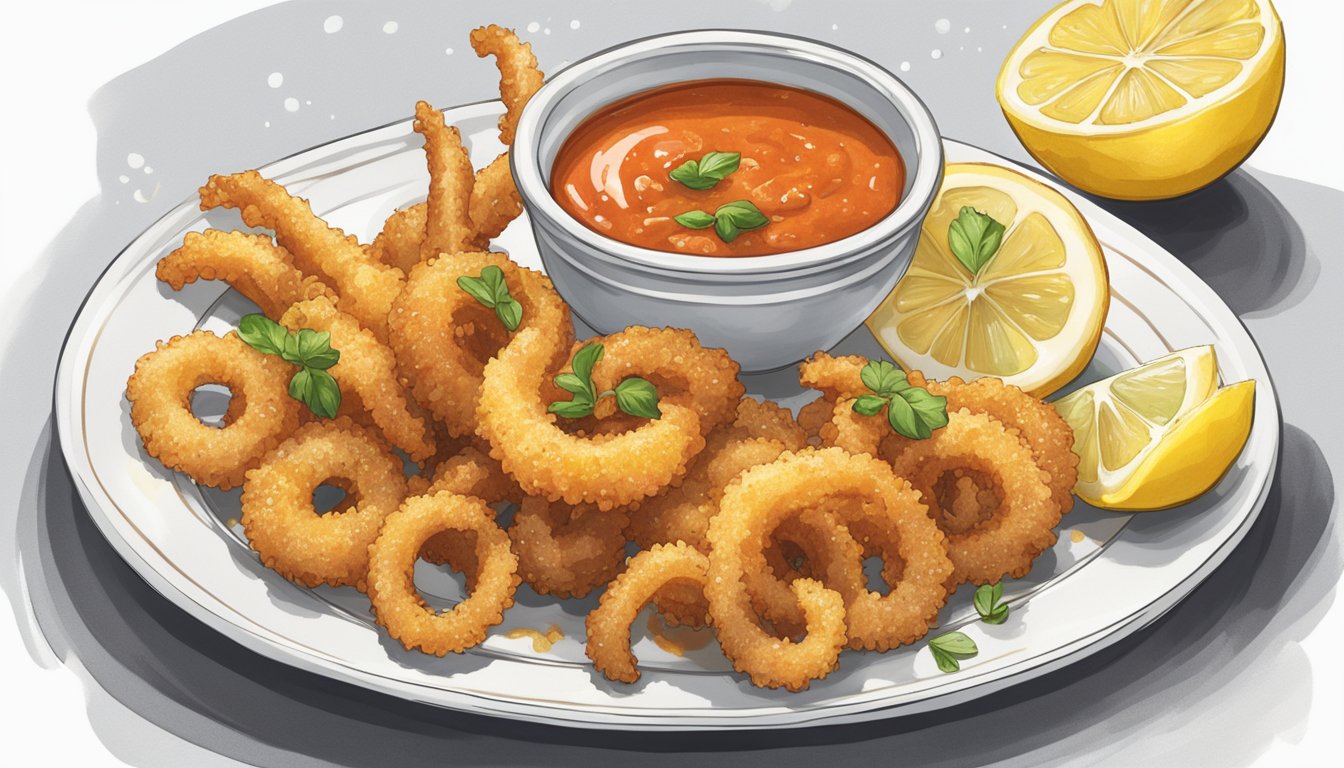 A plate of golden-brown calamari fritti sits on a white porcelain dish, surrounded by a sprinkling of fresh lemon wedges and a small ramekin of marinara sauce