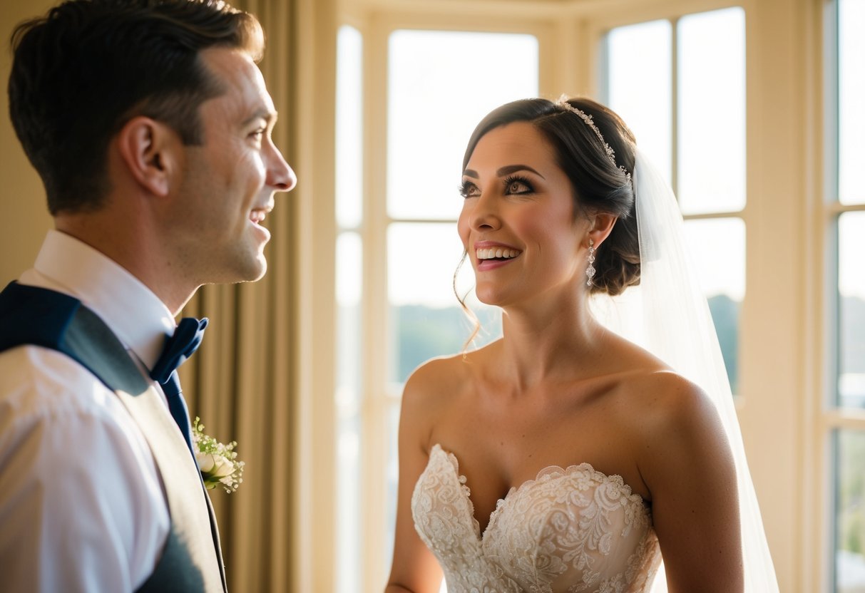 The groom's eyes widen in awe as he catches sight of the bride in her stunning wedding gown, standing in the soft glow of the sunlight streaming through the windows