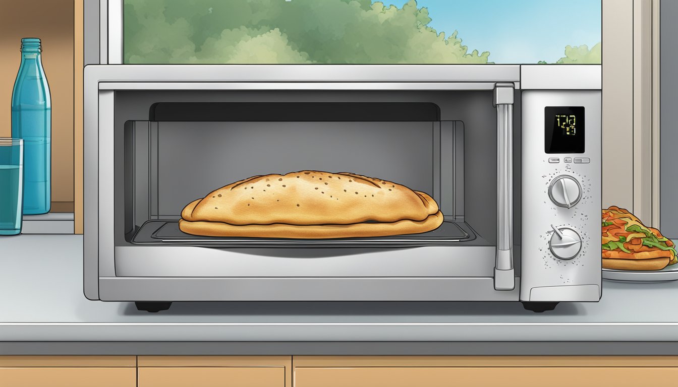 A calzone sits on a microwave-safe plate next to a glass of water. The microwave door is open, with the calzone ready to be reheated inside