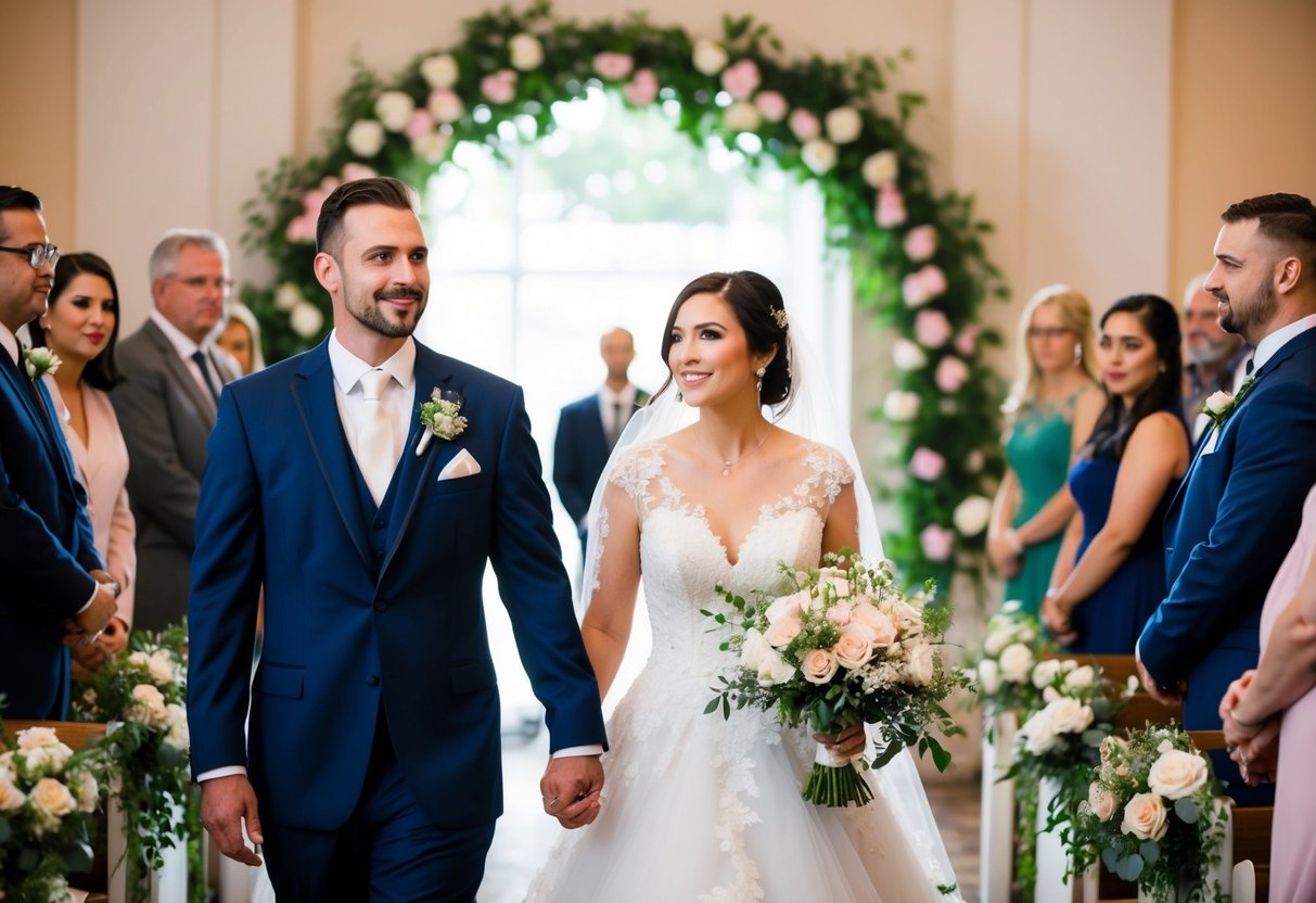 The groom catches a glimpse of the bride in her wedding gown, standing at the end of the aisle, surrounded by flowers and soft lighting