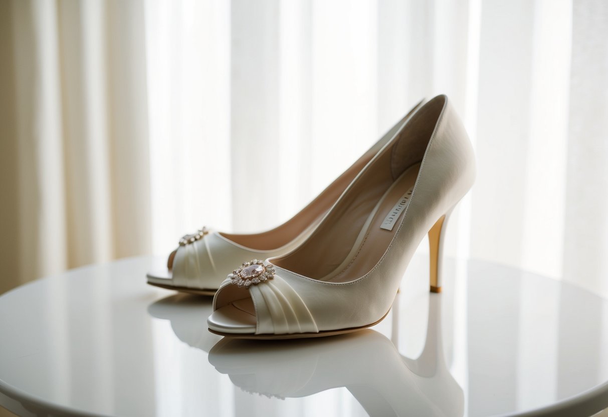 A pair of elegant wedding shoes placed on a clean, white surface, with soft lighting casting a gentle glow on the delicate details of the shoes