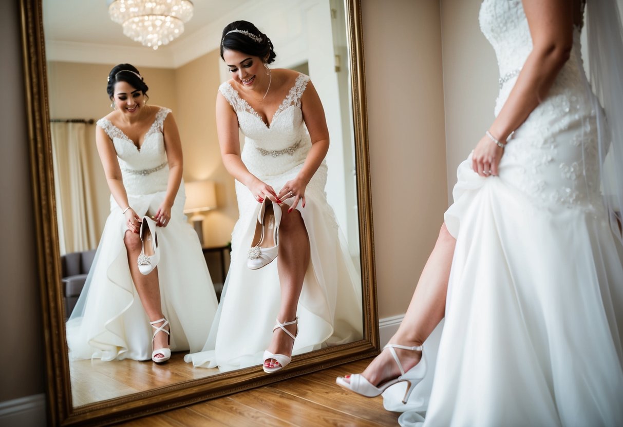 A bride trying on wedding shoes in front of a full-length mirror, admiring her reflection with a smile