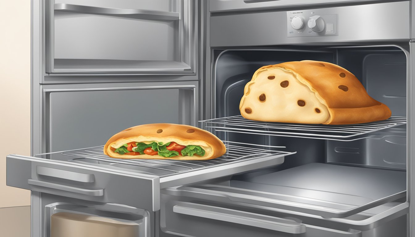 A calzone being stored in an airtight container in the refrigerator, then being reheated in a preheated oven