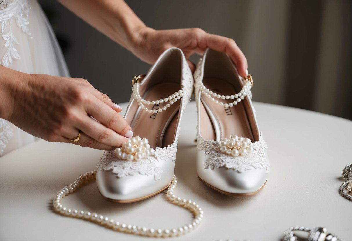 A pair of elegant wedding shoes being carefully polished and adorned with delicate lace and pearls