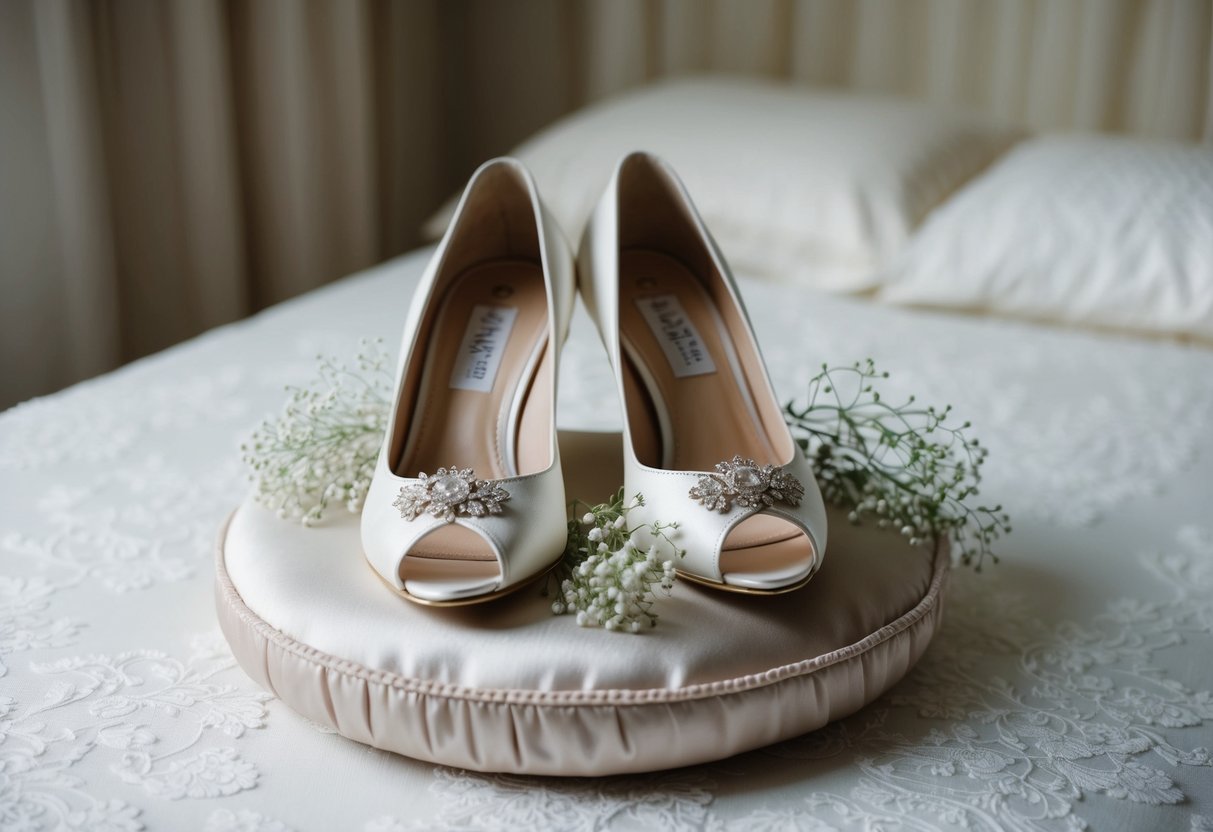 A pair of elegant wedding shoes sits on a soft cushion, surrounded by delicate lace and a sprig of baby's breath