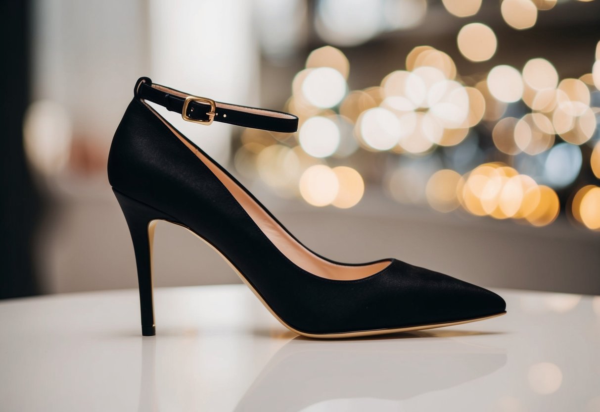 A sleek, pointed-toe pump with a 3-inch stiletto heel, adorned with a delicate ankle strap and a shimmering gold buckle