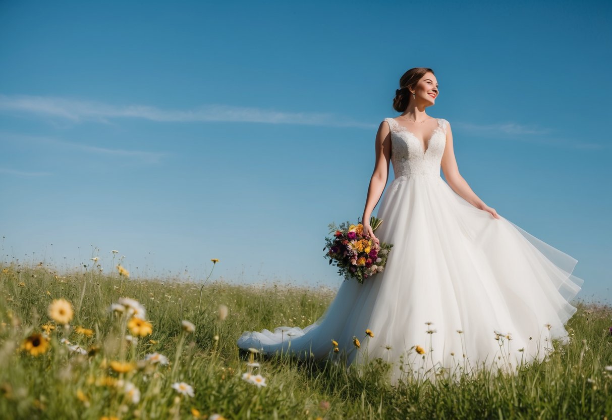 A bride stands on a grassy field, surrounded by wildflowers and a clear blue sky. She wears a flowing white wedding gown and is holding a bouquet of colorful flowers