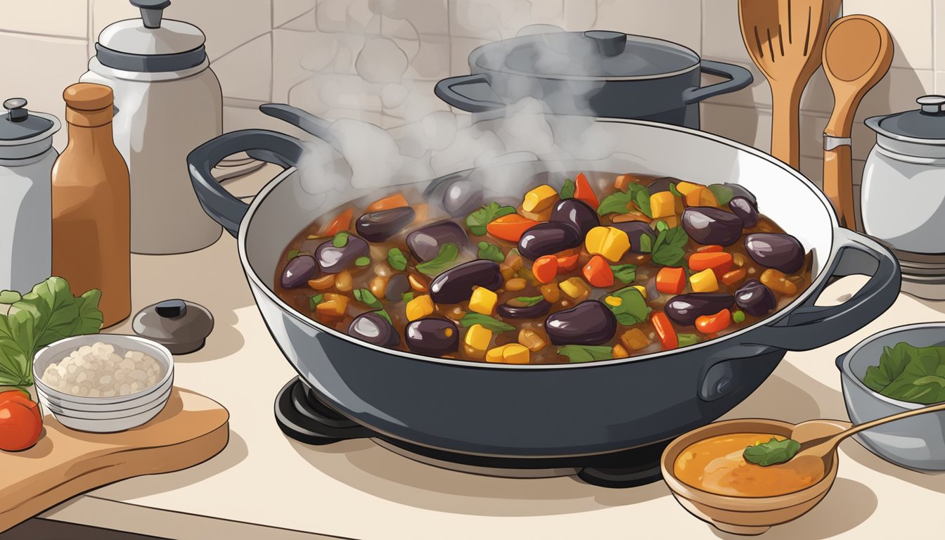 A bowl of caponata sits on a stovetop, surrounded by pots and pans. Steam rises from the reheating mixture as a wooden spoon stirs it