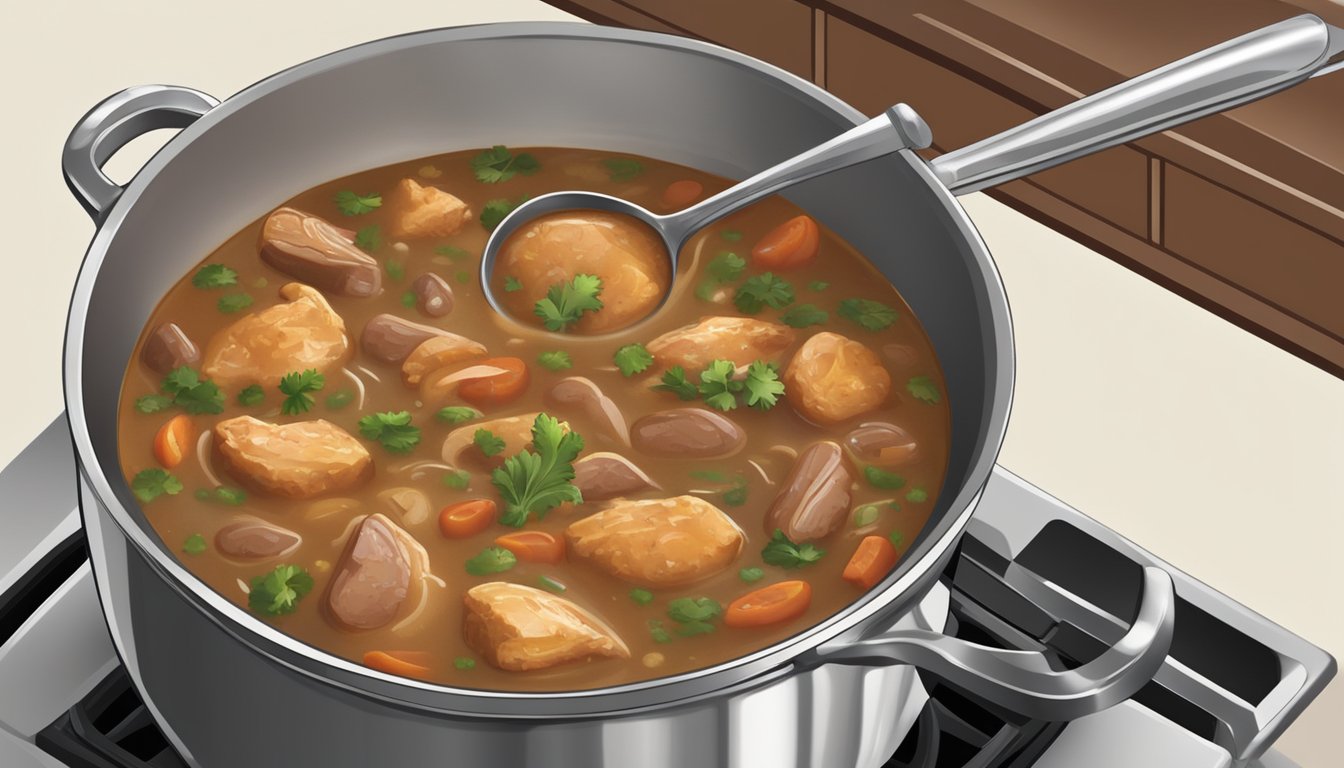 A pot of chicken and andouille gumbo sits on a stovetop, a ladle resting on the edge. Steam rises from the rich, aromatic stew