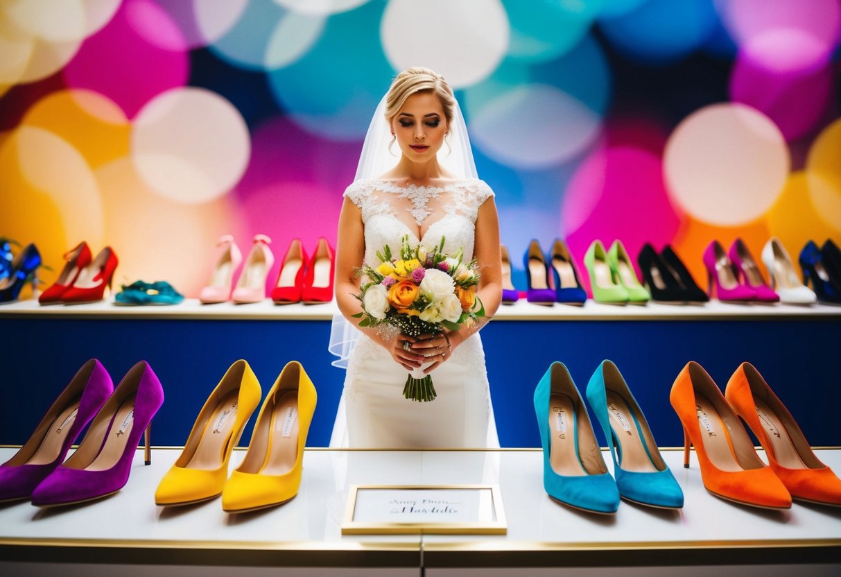 A bride stands before a display of vibrant shoes in various colors, each representing different meanings and emotions