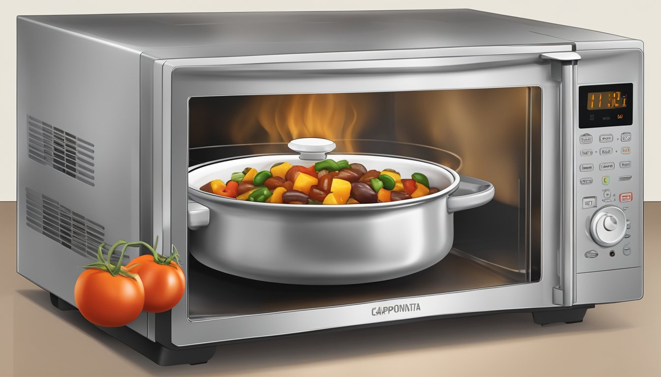 A small bowl of caponata sits in a microwave, the timer counting down as it heats. Steam rises from the dish, filling the air with the aroma of roasted vegetables and tangy tomato sauce