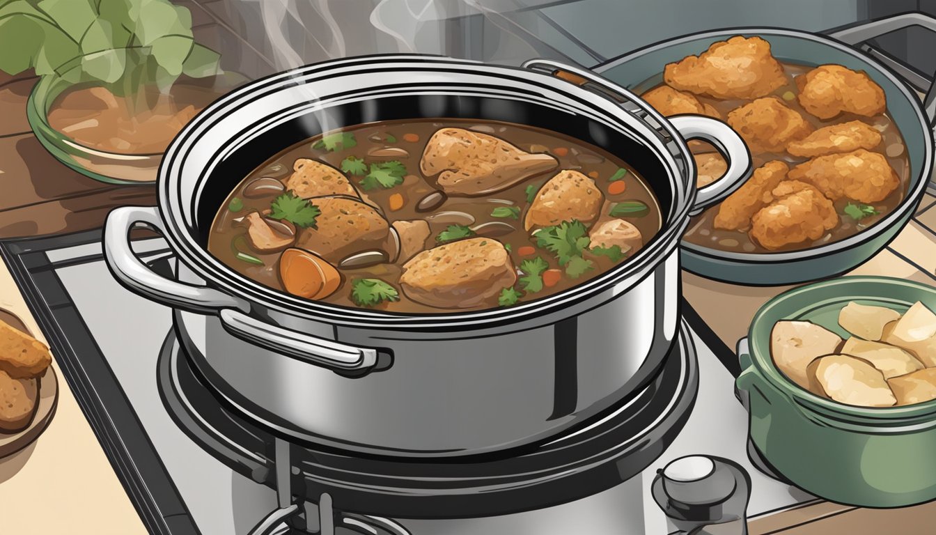 A pot of chicken and andouille gumbo simmering on a stovetop, with a ladle and serving bowls nearby