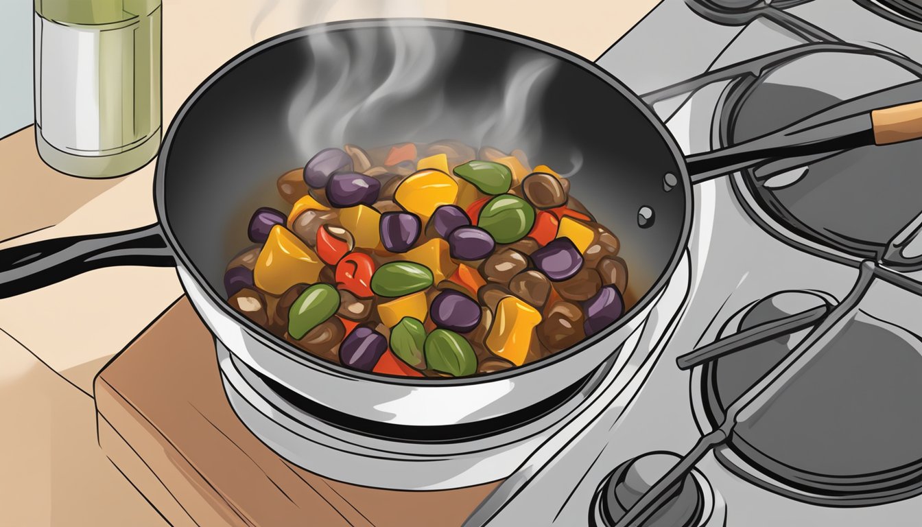 A bowl of caponata being heated in a skillet on a stovetop