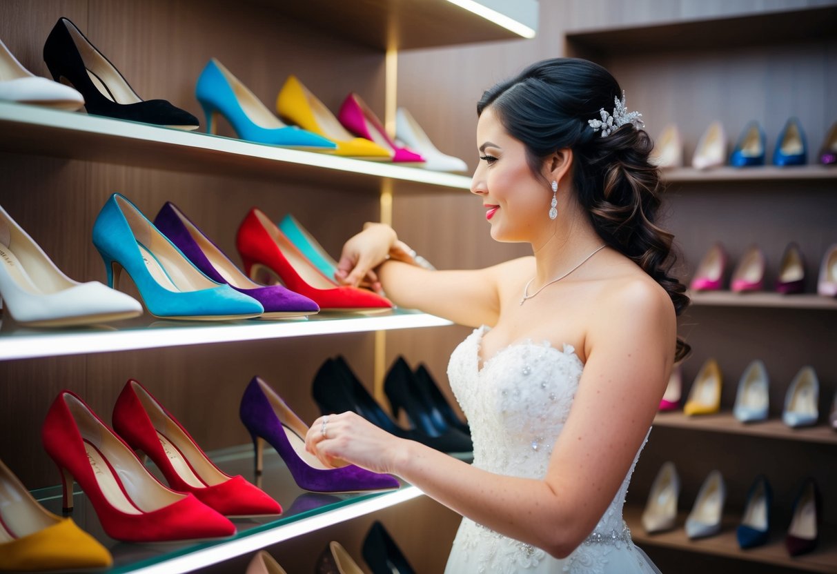 A bride trying on various colored shoes displayed on a shelf in a boutique