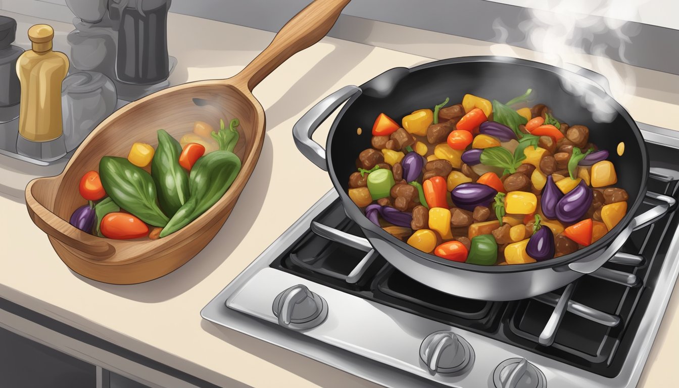 A bowl of caponata being reheated in a skillet over a stovetop, with steam rising from the sizzling vegetables and the aroma filling the kitchen