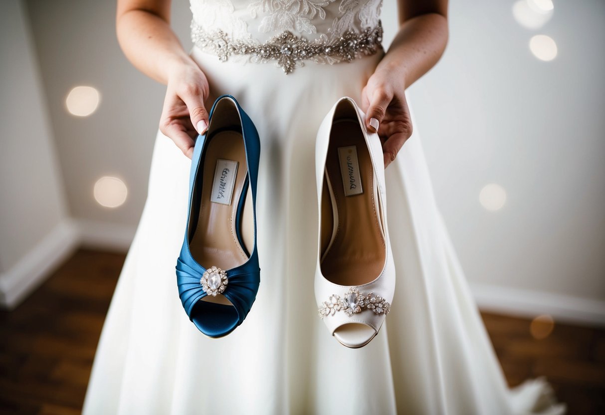 A bride holds a pair of wedding shoes, comparing them to a larger size